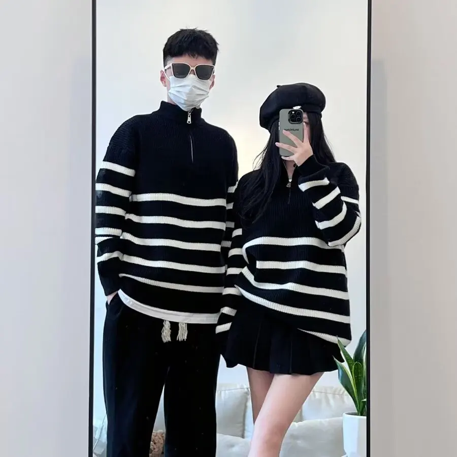 

Hong Kong Sle Autumn Winter Large Size 300 Pou f High Collar Zipper Men's Striped Knitwear Trendy Casual High End Top