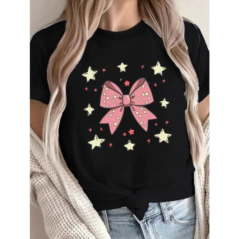 

Розовая футболка с бантом и звездным принтом, женская повседневная женская футболка в стиле Харадзюку с коротким рукавом, одежда, уличные топы, футболки, эстетичная одежда