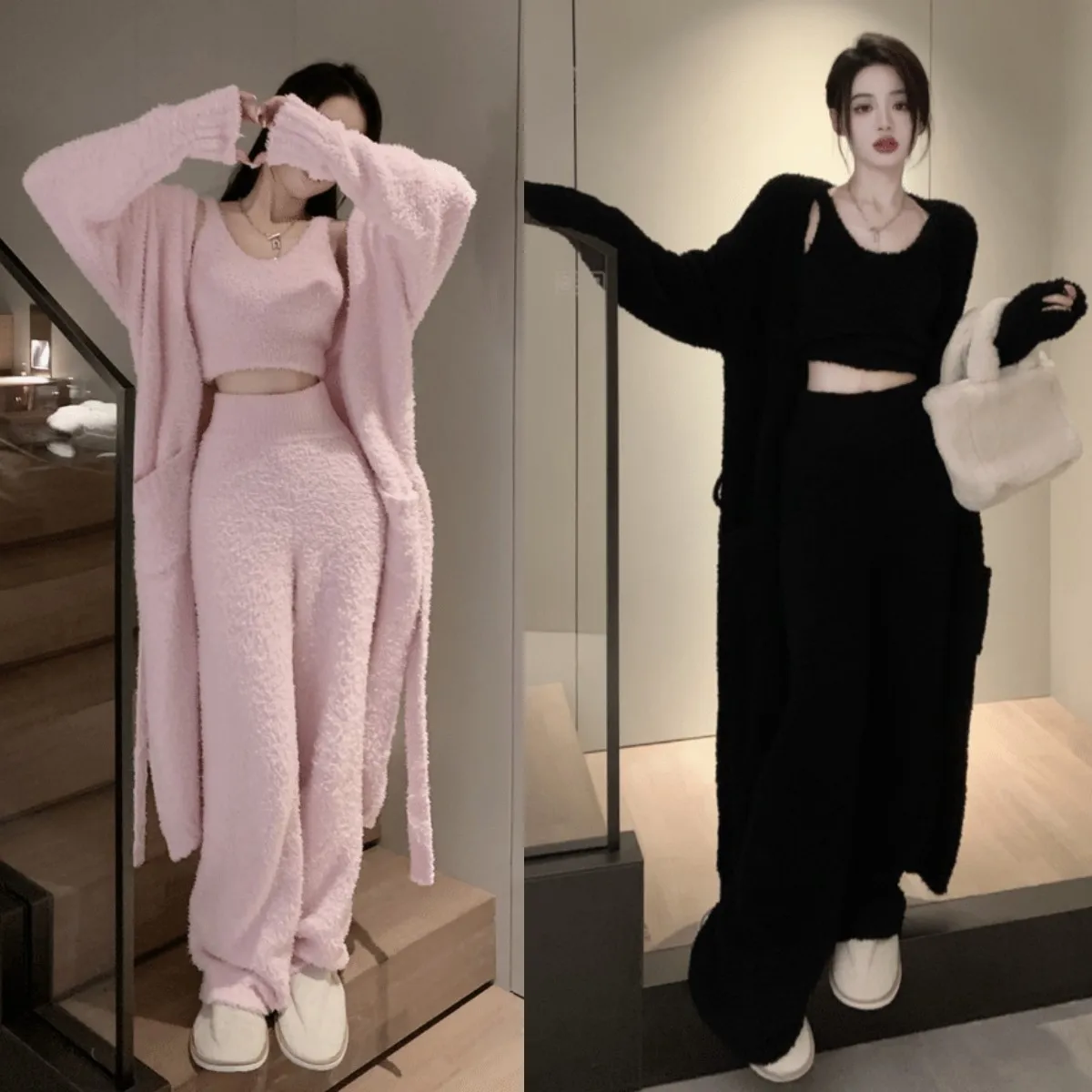 

Fluffy Warm Fashionable Sleepwear Set Women's 2025 New Sweet Lazy Sexy High-End Home Clothes V-neck Long Sleeve Long Dress