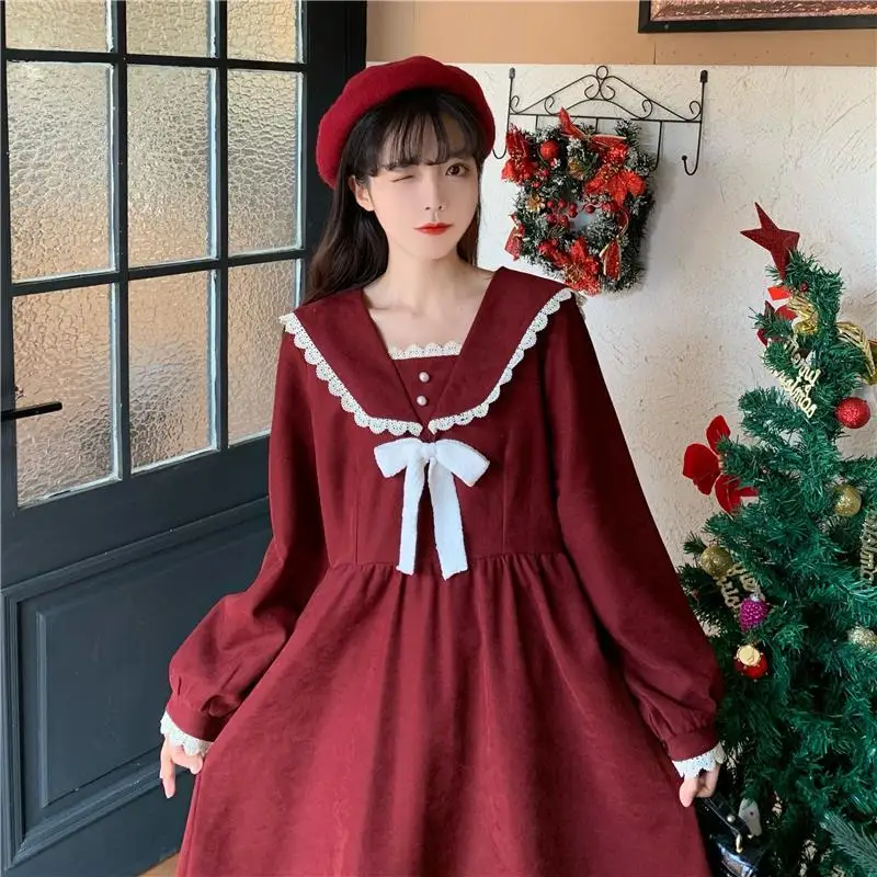 

Large Size 6XL 150KG Winter Dress For Women Long Sleeve Loose Vintage Dresses Ladies Casual Bow Neck Red Black Sweet Dresses