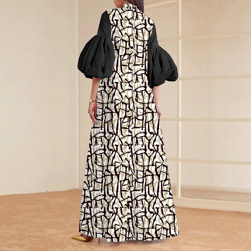 Vestidos Mujer レトロプリントパッチワークロングドレス女性 2025 春 O ネックイスラム教徒マキシドレス夏パフスリーブルーズ自由奔放に生きるドレス