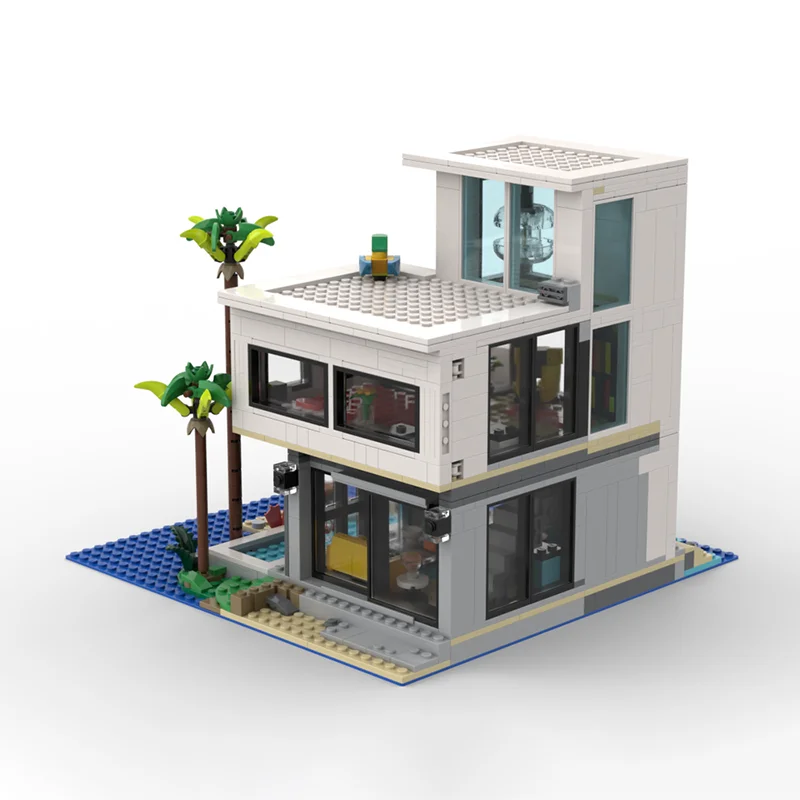 971pcs MOC Modern Beach House Modular Buildings Model Building Blocks Christmas Gifts Toy Construction Creative Craft Education