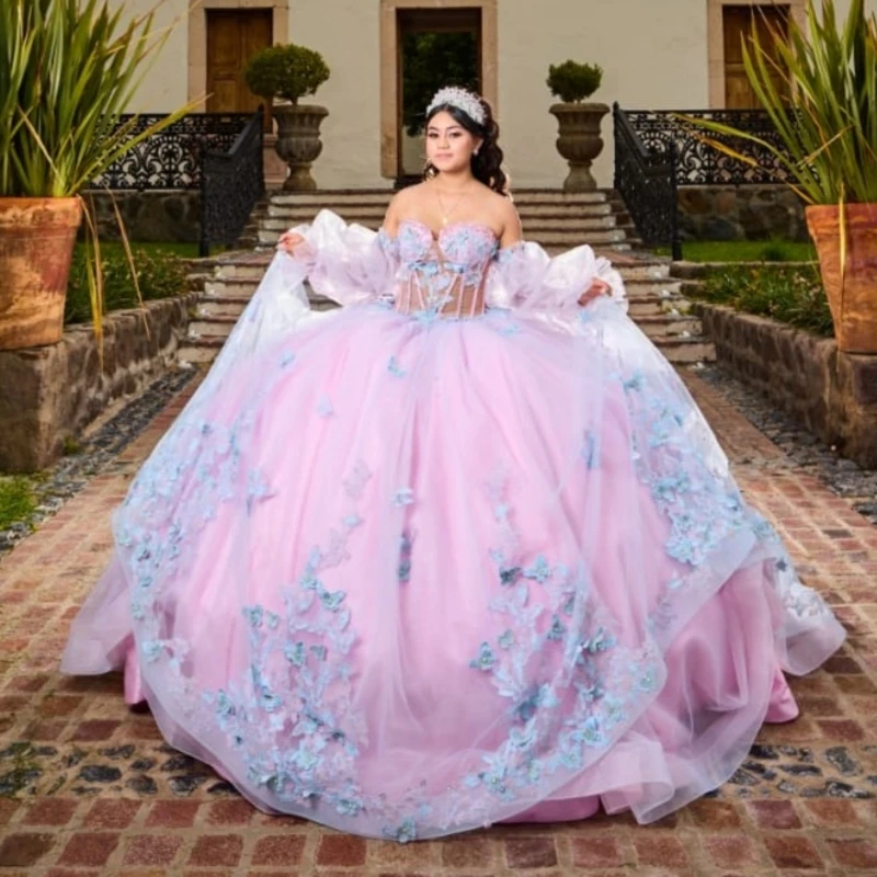 

Pink Shiny Quinceanera Dresses Off The Shoulder Applique Flower Beading Tull Corset Ball Gown Vestidos De 15 Anos Sweet 16 Dress
