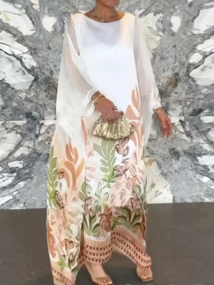 2025 Wrist Sleeve Print Patchwork Maxi Women O Neck Fashion Elegant Party Dress, Spring Autumn Simple Loose Ladies Dress