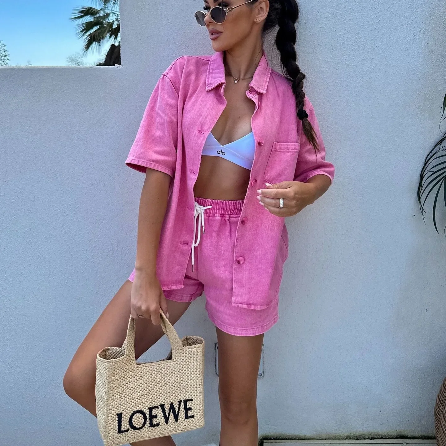 

Denim Shorts Suit Women Summer 2 Piece Sets Shirt Coat Short Pants Single Breasted Drawstring Lace Up Casual Overshirt Outfits