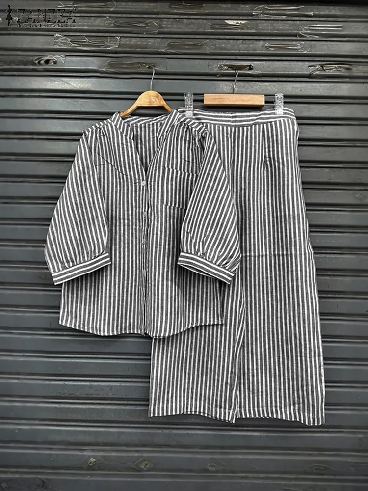 

ZANZEA винтажные женские одинаковые комплекты, элегантные комплекты брюк в полоску, осень 2023 года, рубашки с v-образным вырезом и рукавами 3/4, повседневные длинные брюки, 2 шт.