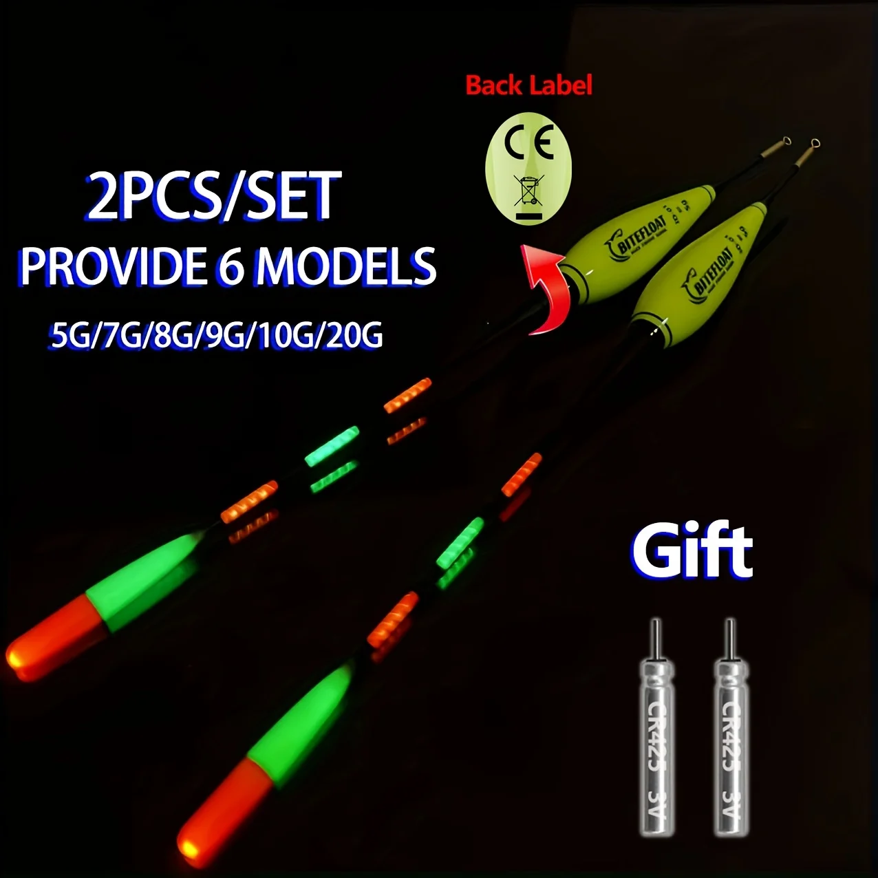 Lot de 2 flotteurs de pêche électroniques lumineux LED pour la pêche de nuit, flotteurs de pêche épaissis et transparents de 5 mm/0,2 po, poids 5g/7g/8g/9g/10g/20g