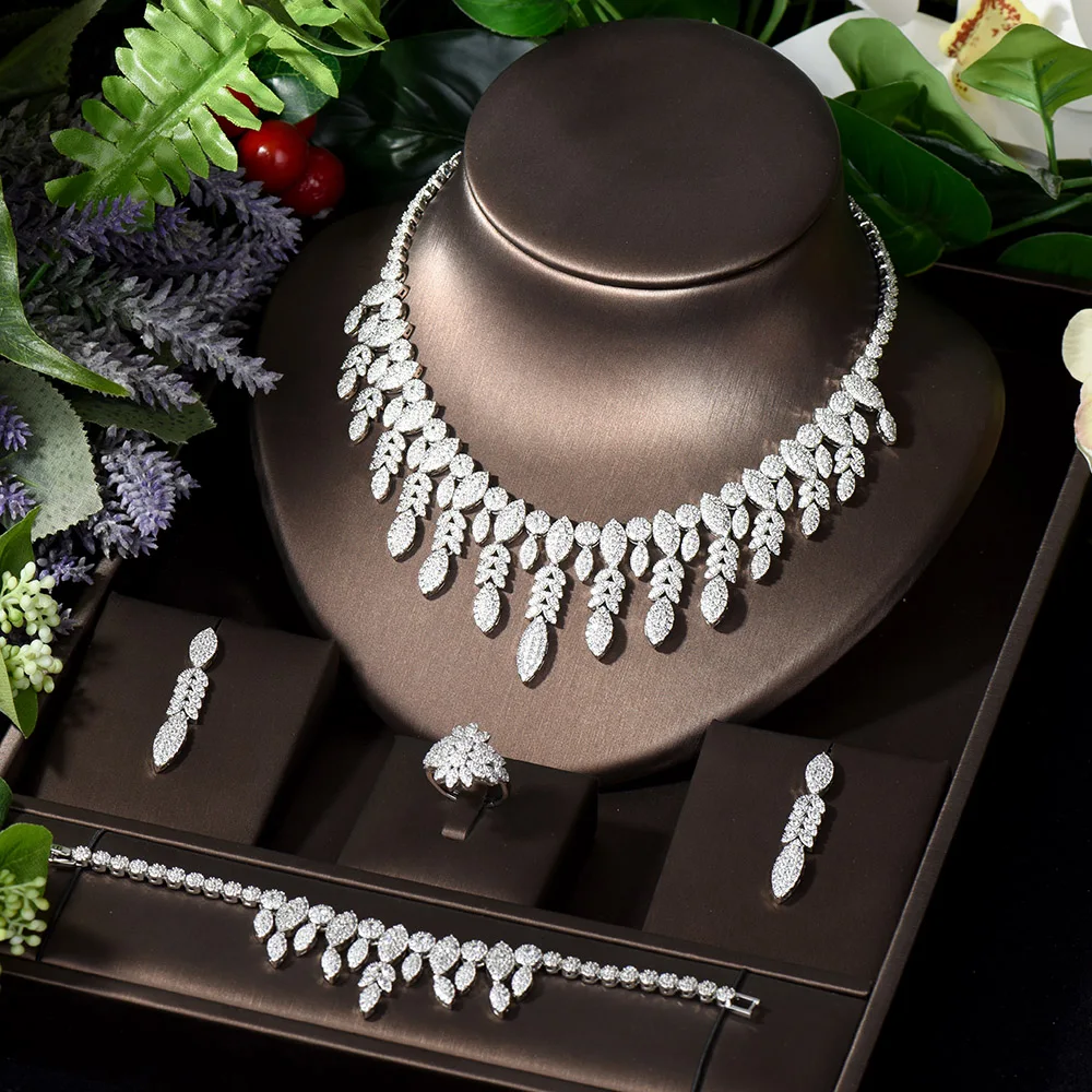 

HIBRIDE Charm Leaf Water Drop Exquisite CZ Necklace Earring Jewelry Sets Nigerian Women Wedding Party Bridal Accessories N-1249