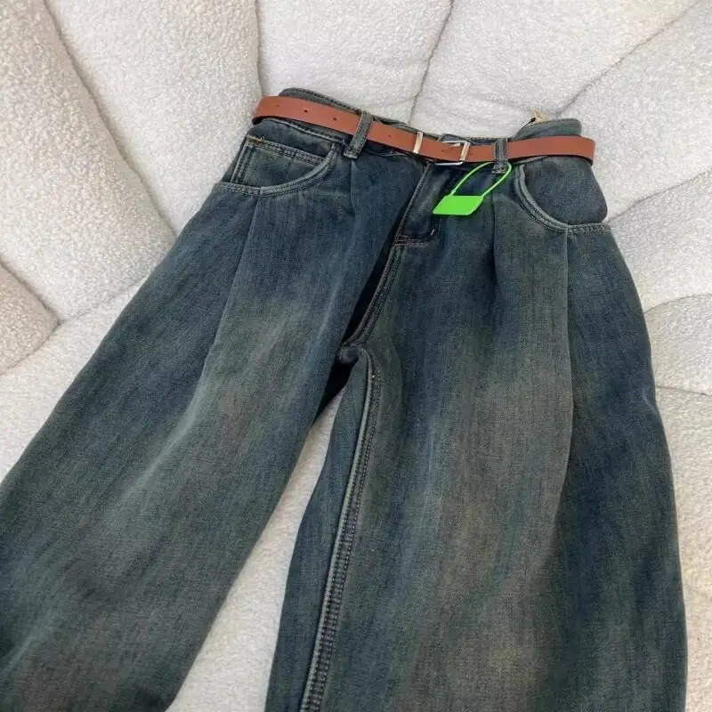 

Женские брюки, дышащие винтажные мягкие зимне-осенние американские серые флисовые толстые джинсы, плиссированные узкие брюки с высокой талией в стиле ретро