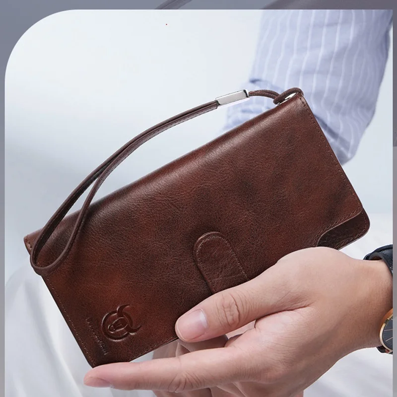 Men's Top Layer Cowhide Wallet, Long Bifold with Snap Closure & Wristlet, Large Capacity Phone Clutch Card Holder for Daily Use