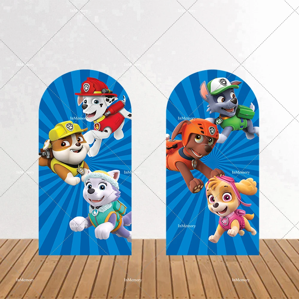 Rot-blaue Paw Patrol Scheunenhaus-förmige Bogenhintergrundabdeckung für Jungen-Geburtstagsfeier-Dekoration, Ryder Puppy Power Bogenhintergrund, 2-seitig – Detail 2