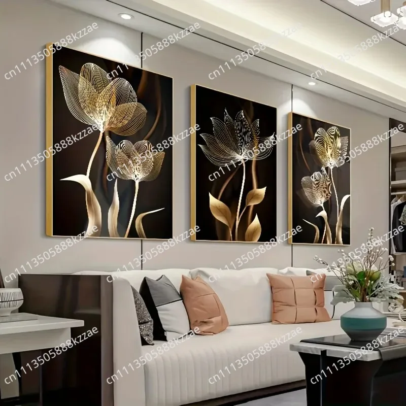 3 Black Gold Floral Modern Wall Art - Living Room Decor Framed Canvas Painting