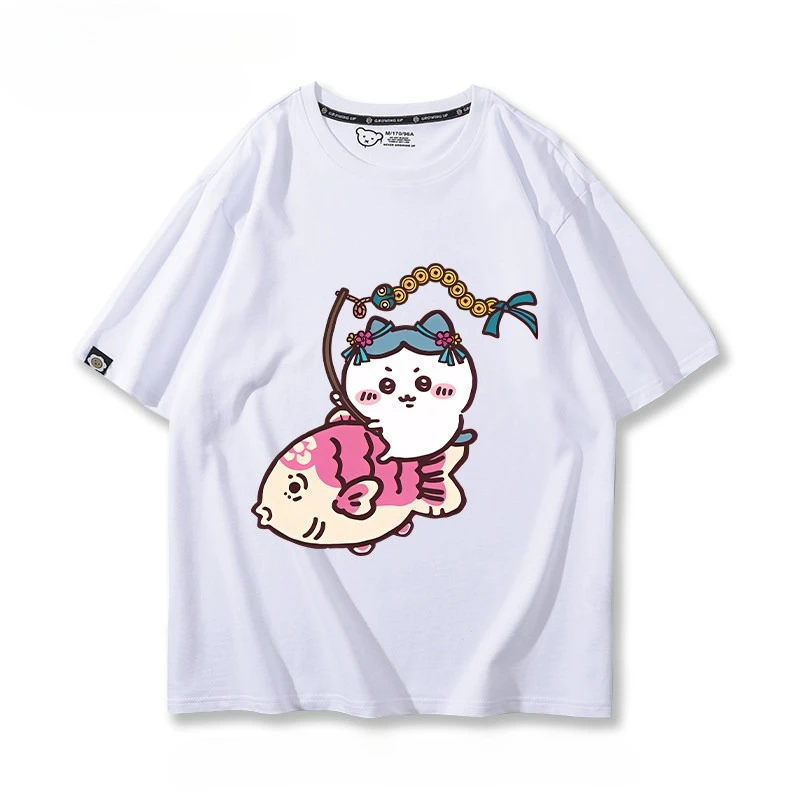 Chiikawa Anime Ji-i Koi Lotus Graphic T-shirt Unisex Loose Cotton Short Sleeve Summer Kawaii Cartoon Couple Tee