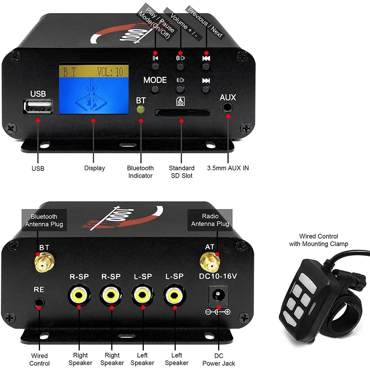 1000W 4CH Multimedia Amplifier Motorcycle Audio System Bluetooth Boat Stereo with 5 Inches Strong Speakers, FM Radio, AUX, USB