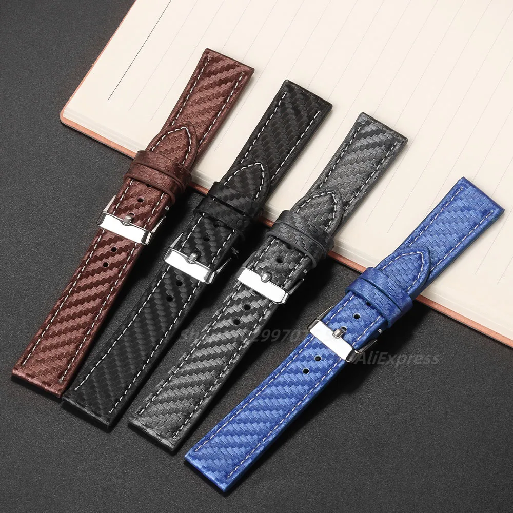 Carbon Fiber Genuine Leather Watch Band 18mm 20mm 22mm 24mm Carbonfiber Grain Bracelet Watch Strap for Samsung for Huawei