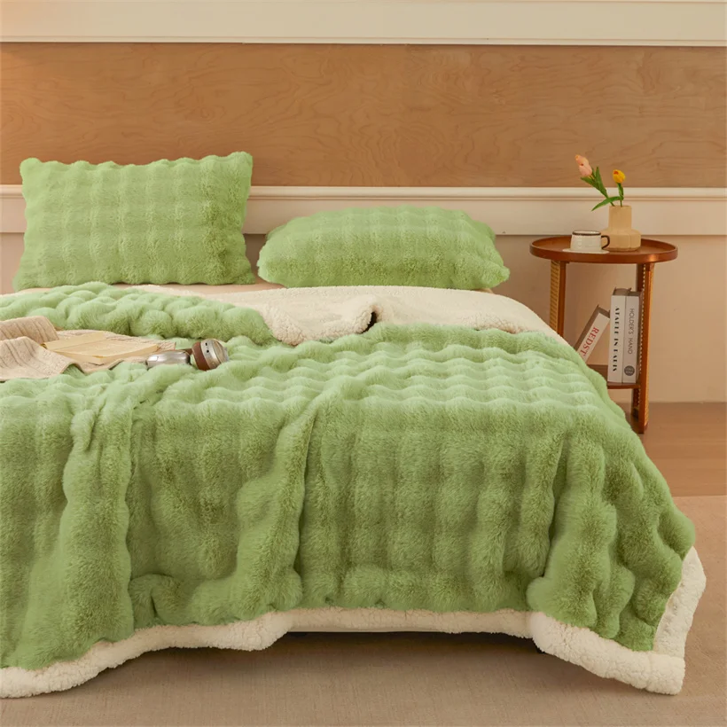Luxury Double Layer Faux Rabbit Fur Blanket Winter Thick Warm Fluffy Sherpa Throws Blankets for Sofa Cozy Soft Plush Bed Blanket