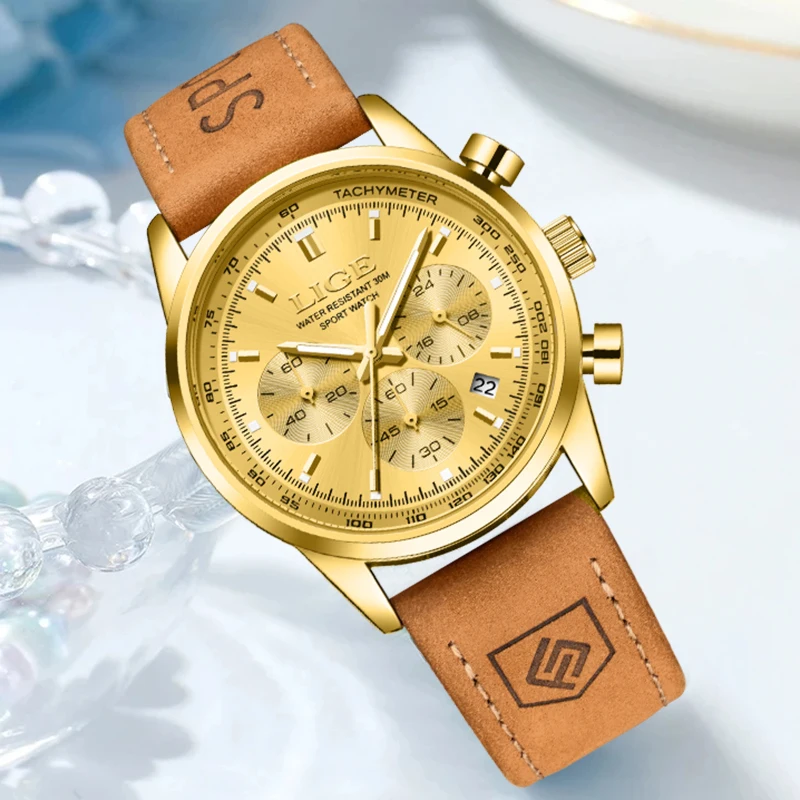 LIGE New Fashion Gold Quartz Watches For Women Top Brand Luxury Leather Women Watch Casual Military Waterproof Watch Feminino