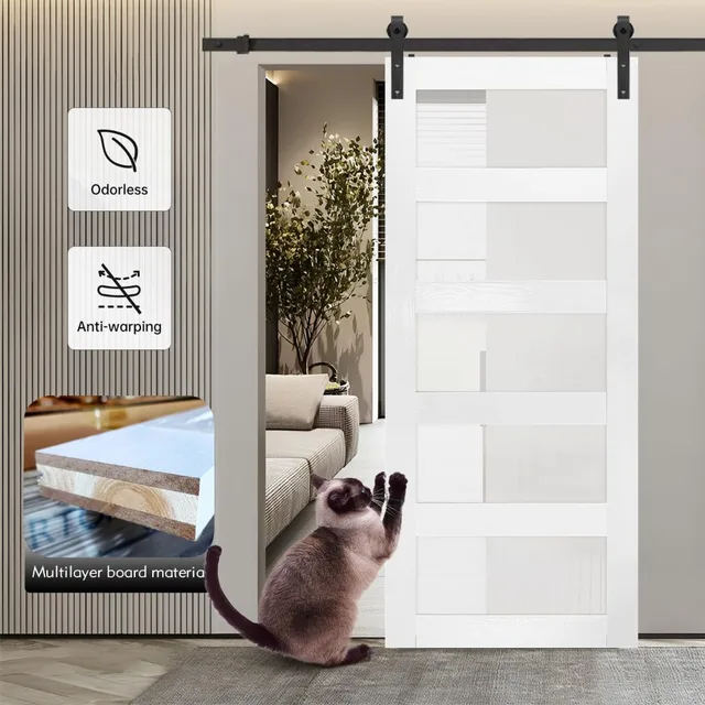 46x84in Glass Sliding MDF Barn Door with 8FT Hardware Kit, 5 Frosted Panels, Waterproof PVC, Easy DIY 6 46x84in Glass Sliding MDF Barn Door with 8FT Hardware Kit, 5 Frosted Panels, Waterproof PVC, Easy DIY 6