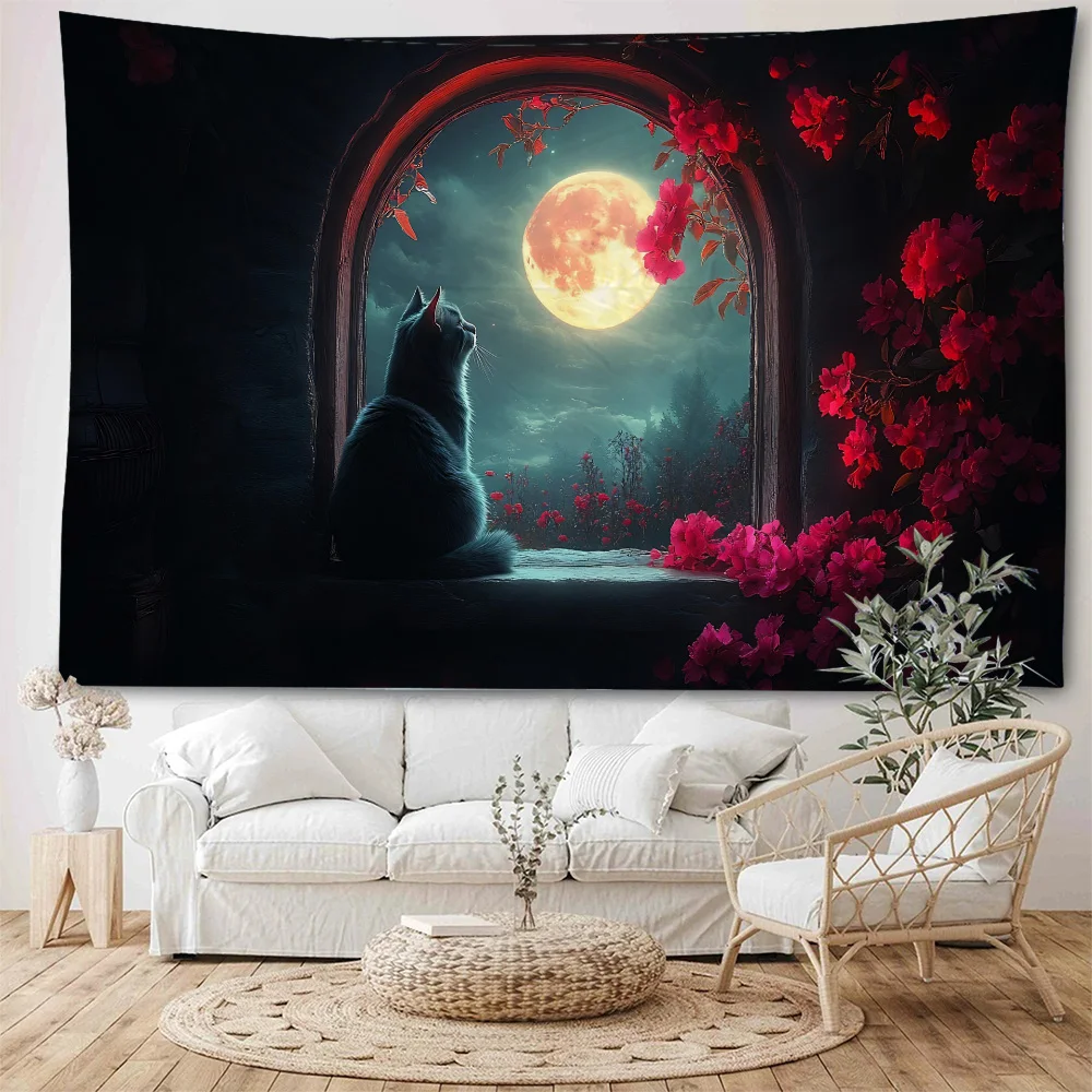 

Beautiful scenery outside the window, beautiful flowers, moonlight scenery, home background, wall decoration, tapestry