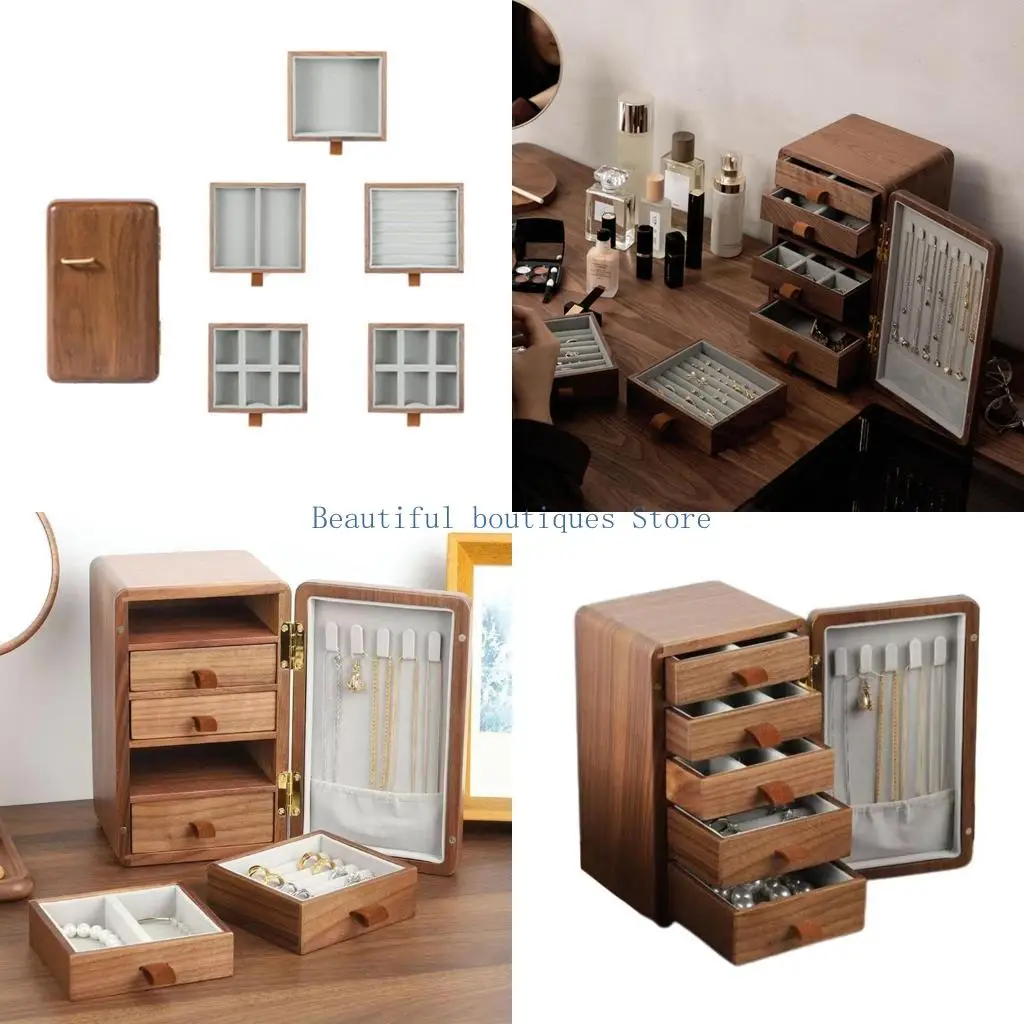 

U4LF Jewelry Box Vintage for Necklaces Rings 5 Drawers Jewellery