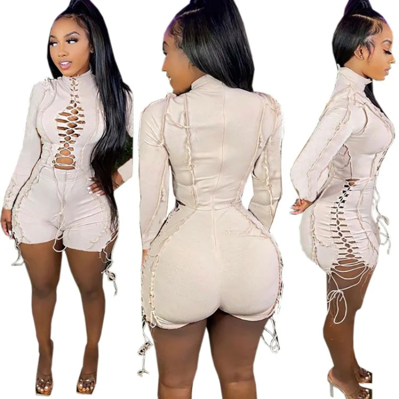 Women Lace Up Romper Long Sleeve High Neck Cutout Fringe Trim Solid Slim Bodycon Shorts Jumpsuit Night Club Party Outfit