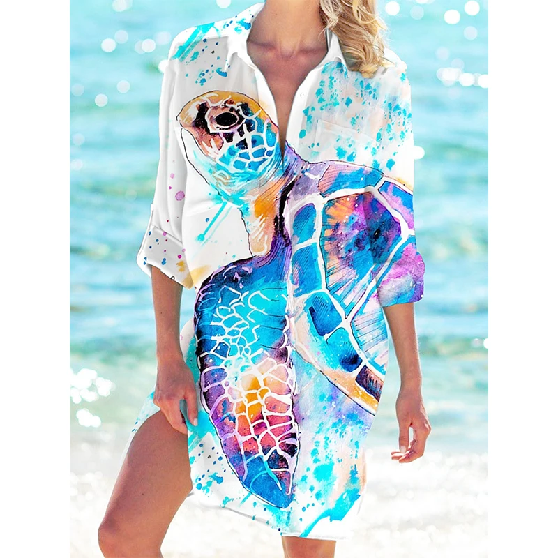 Turtle-pattern 3D printed beach top for summer, women's long-sleeved mid-length shirt, button-up top, blouse, women's clothing