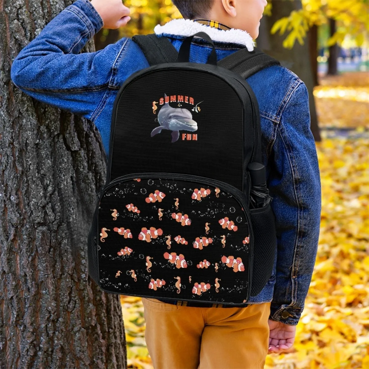 FORUDESIGNS Simple Stylish Student Schoolbags Cute Dolphin Print Backpacks Multipurpose Double Zipper Bookbags School Supplies