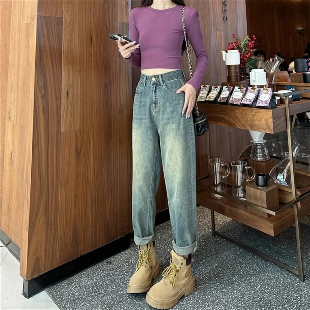 

Harlan Retro Street Women's Jeans 2023 Korean Autumn New Large Slim Covering Crotch Crop Pants Slim Fit Female Dad Pants Slim Fi