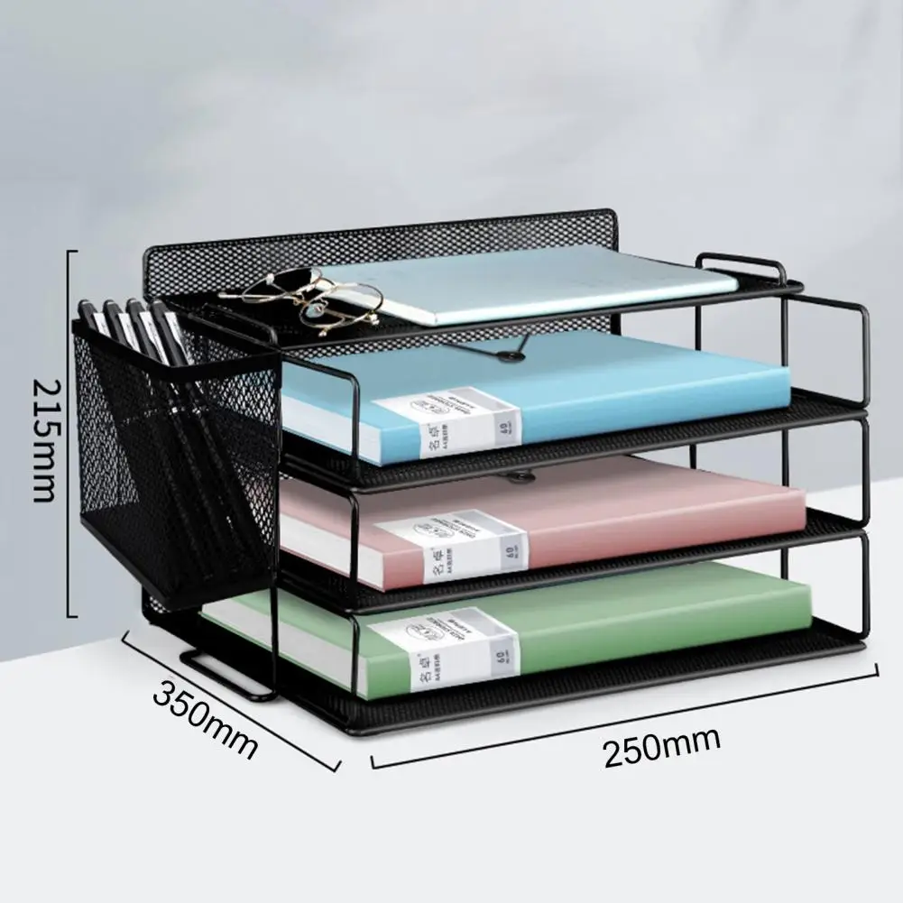 

4-Tier 35*25cm Office Storage Rack With Pen Holder Metal Mesh Desktop Organizer File Stand File Manager Table Desk Accessories