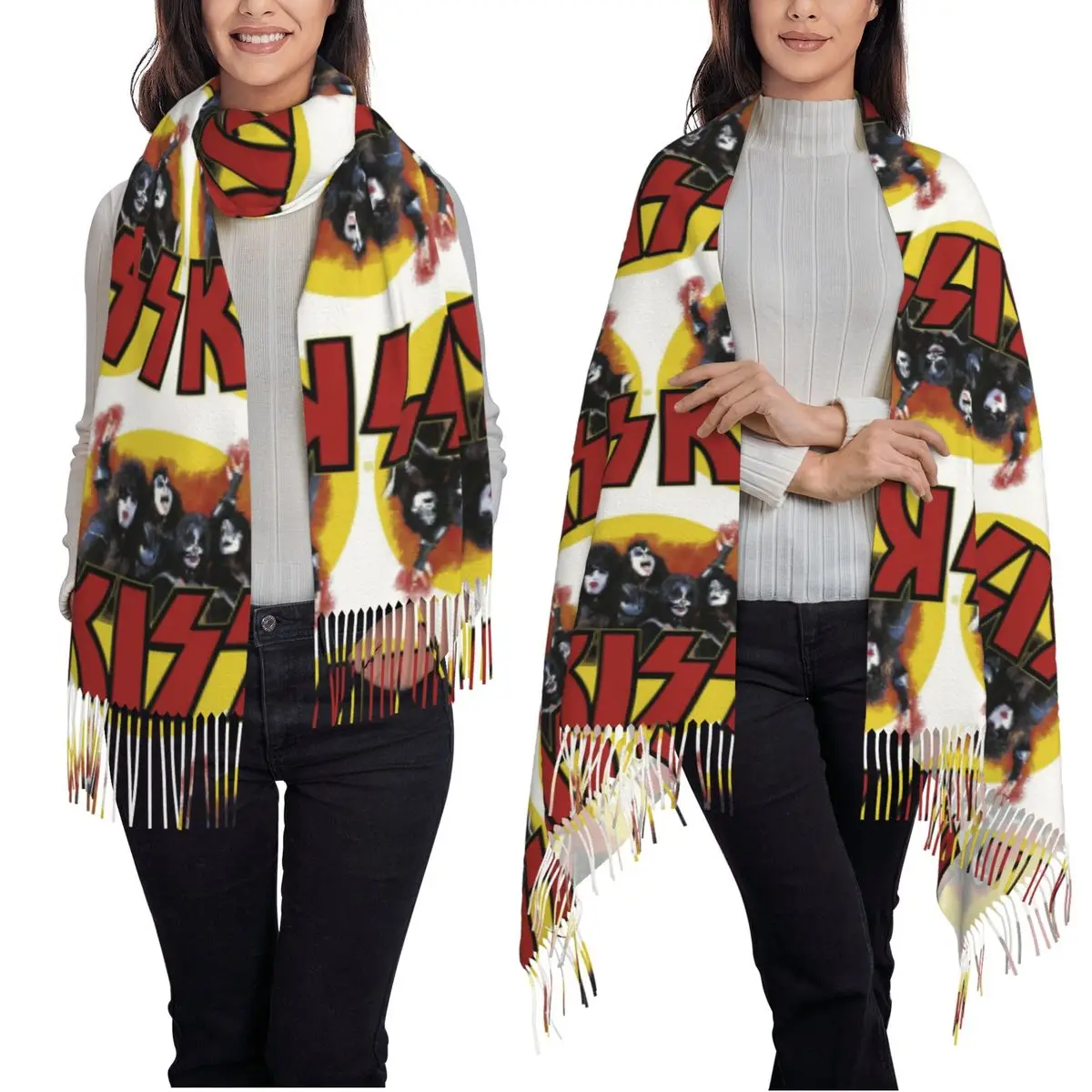 Sciarpa Kiss Heavy Metal Rock Music Band Sciarpe con nappe per donna Scialli e stole morbidi e caldi Grande scialle autunno inverno