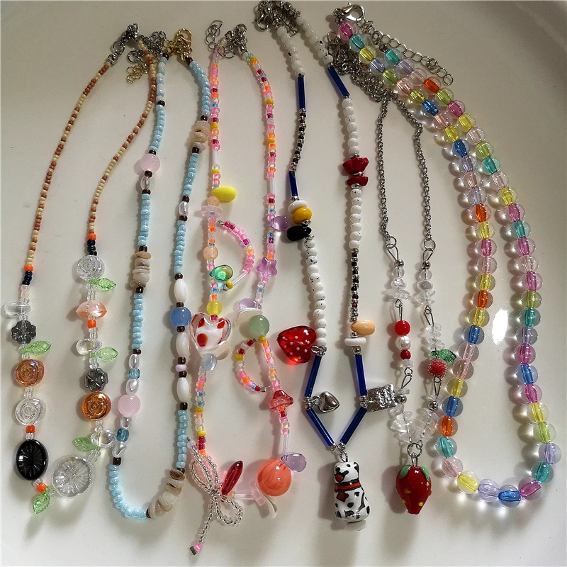 Y2K Charme Keramik Erdbeere Cartoon Hund Anhänger Acryl Perlen Bunte Schleife Halsband Halskette Frauen Ästhetischen Schmuck Zubehör