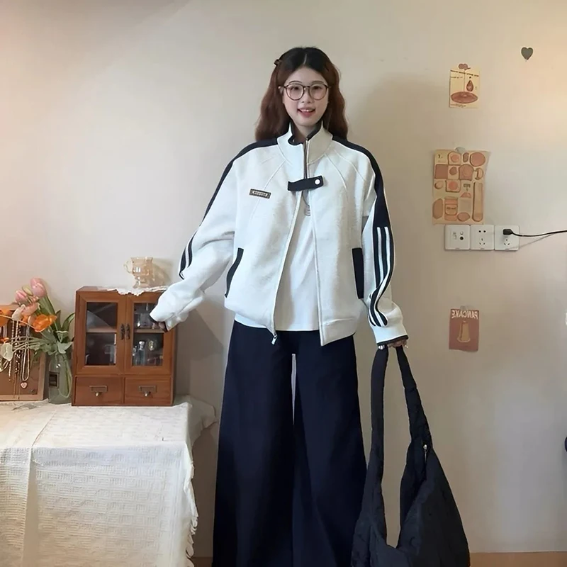 Americano retalhos jaqueta de beisebol feminino y2k streetwear solto zíper feminino suor outono gola listrado colheita outerwear