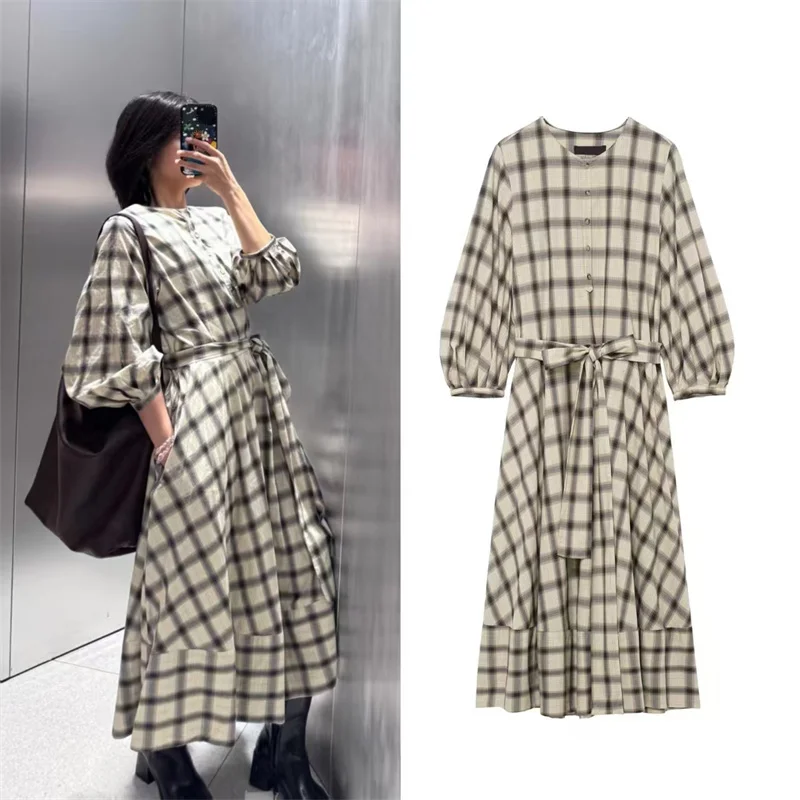 Women's Dress New Shirt Style Round Neck Waist Tied Plaid Puff Sleeve Midi Dress Elegant Casual Women's Wear