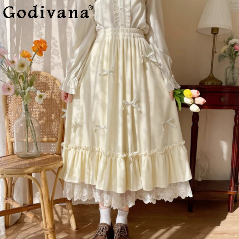 

Women Autumn Winter Medium Long Autumn Winter Sweet Ruffles Big Swing Skirt New Lace Velvet Elastic Waist A-line Apricot Skirts