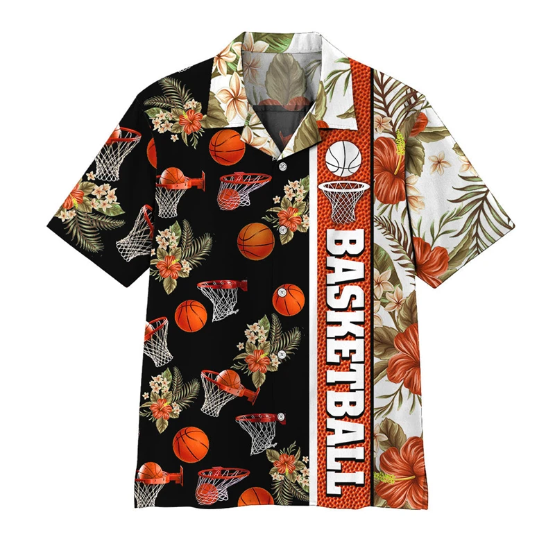 

Men's Fashion Summer T-Shirts Hawaiian Basketball 3d Print Button Shirts Short Sleeve Beach Oversized Shirts Outdoor Sportwear