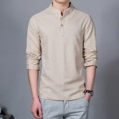Herren bekleidung Herren Spring Tops & T-Shirts Herrenmode T-Shirts Stehkragen Langarm Slim Base Shirt Homme Leinen T-Shirt