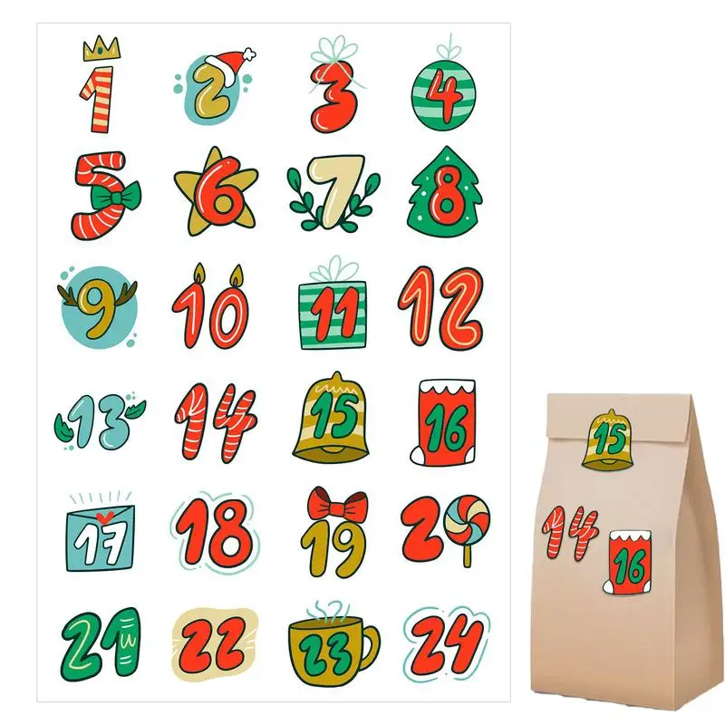 24pcs Cookie Candy Seal Stickers DIY Gift Packaging Labels Xmas Decor Merry Christmas Advent Calendar Number Paper Stickers