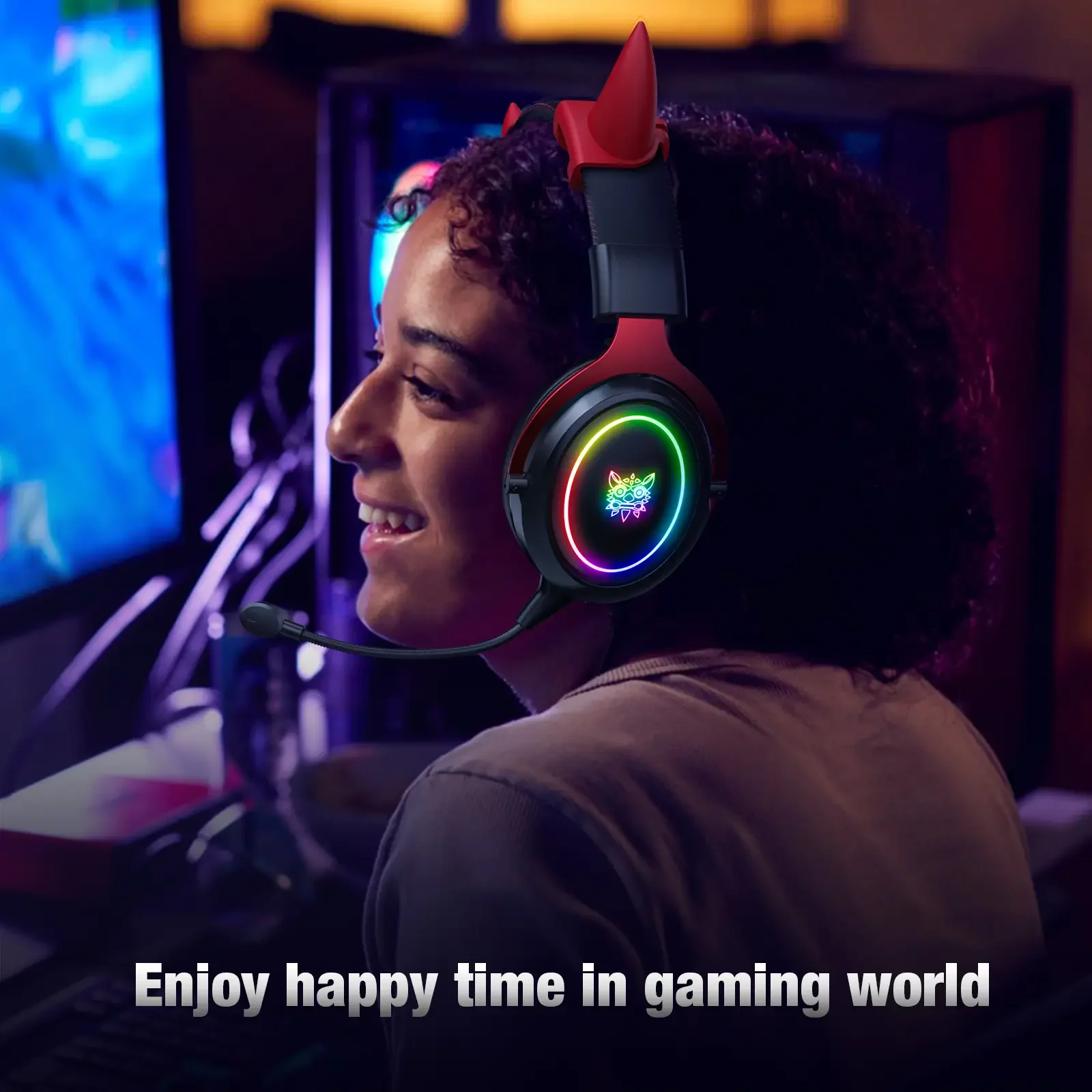 ONIKUMA X10 Gaming Headset with Cow Horn Wired Headphone RGB Light HD Mic Gaming Headset Gamer Surround Computer Earphones