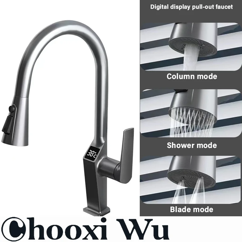 

Kitchen sink digital faucet, water temperature digital display, pull-out type, pull-out range 60 cm, 360° rotation