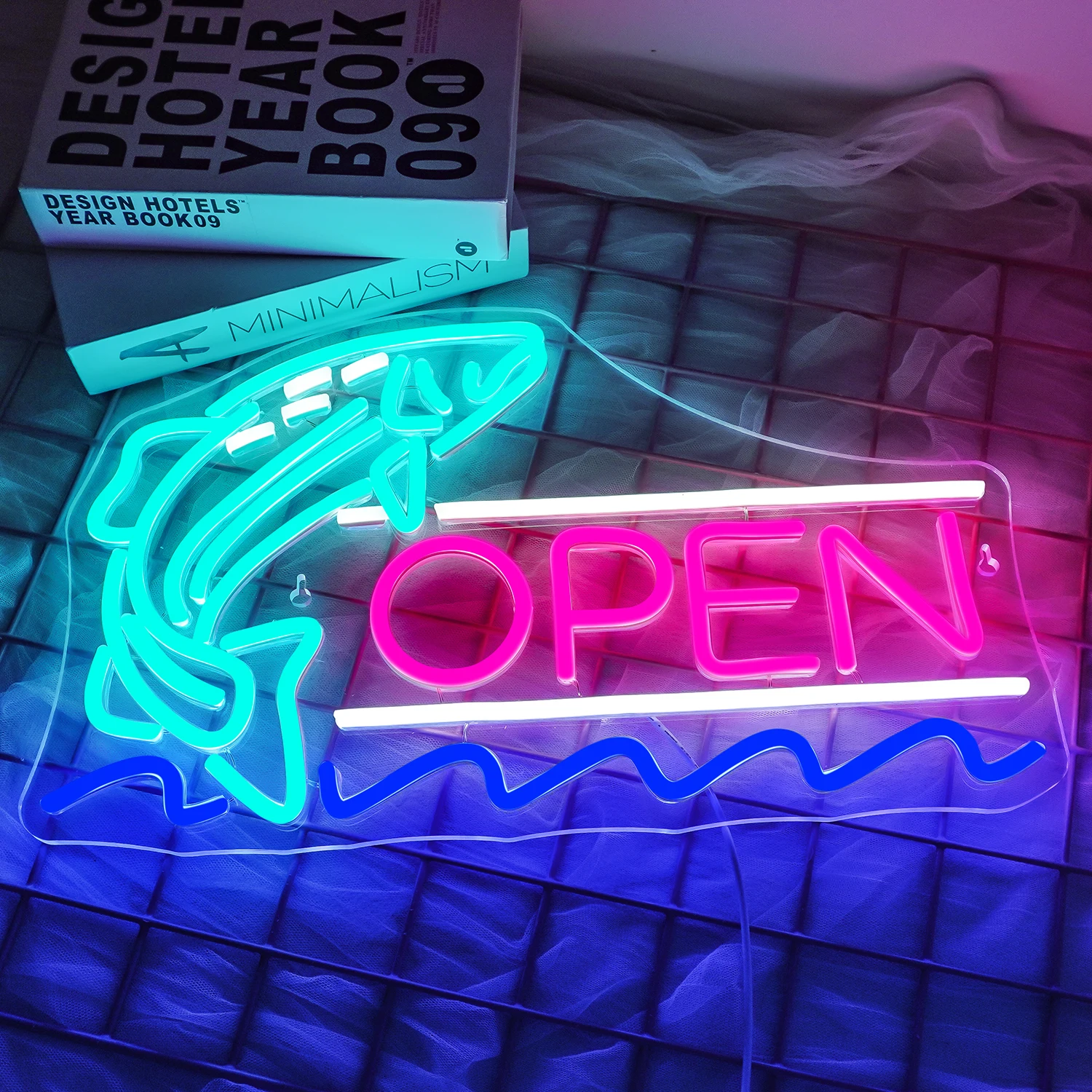 

Fish Open Neon Led Sign For Wall Dimmable Room Decoration For Seafood Restaurant Hotel Fish Store USB Lamp Led Hanging Light