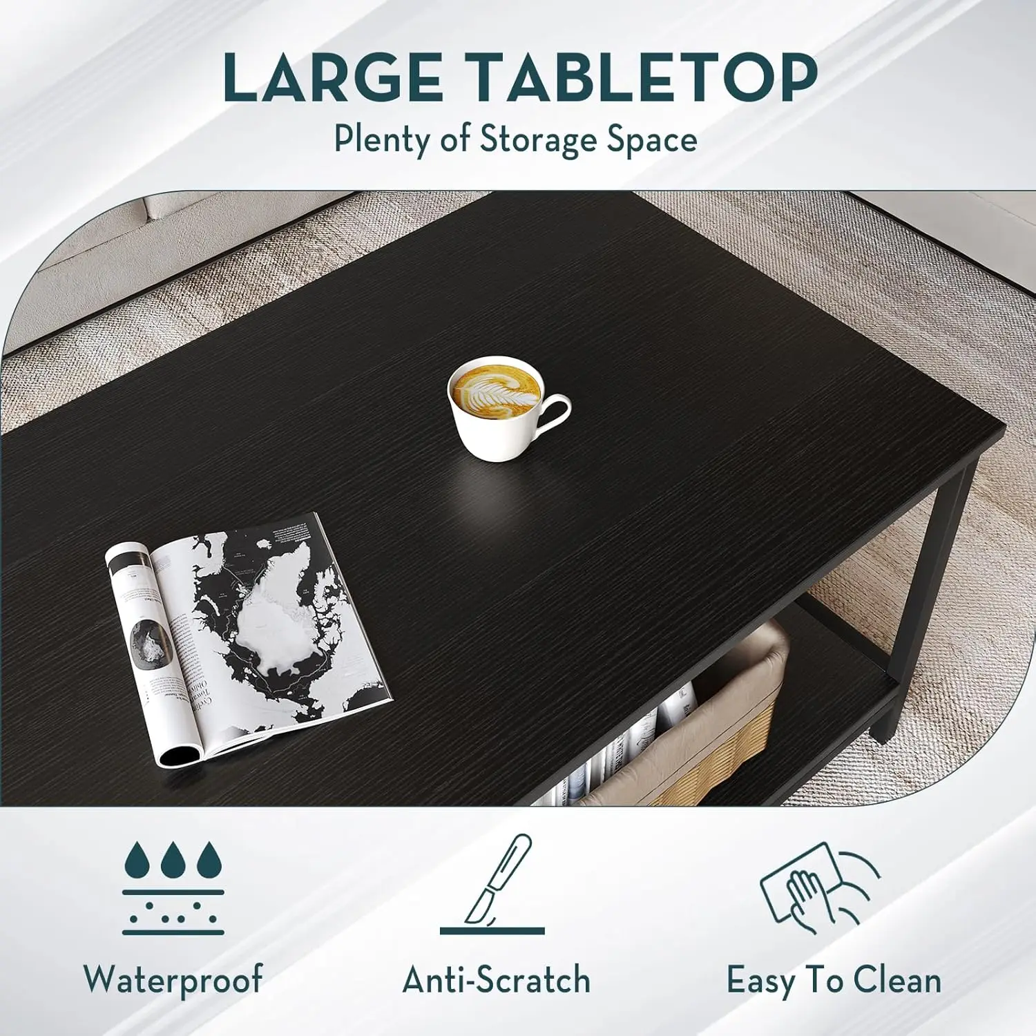 Black Coffee Table for Living Room Modern Rectangle 2-Tier Coffee Tables with Storage Industrial Wood Center Table for Large