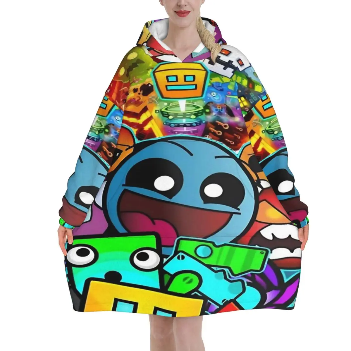 Oversized Geometry Dash Games Wearable Blanket Winter Gifts for Women Men Ultrasoft Plush Warm Sweatshirt Blankets With Pocket