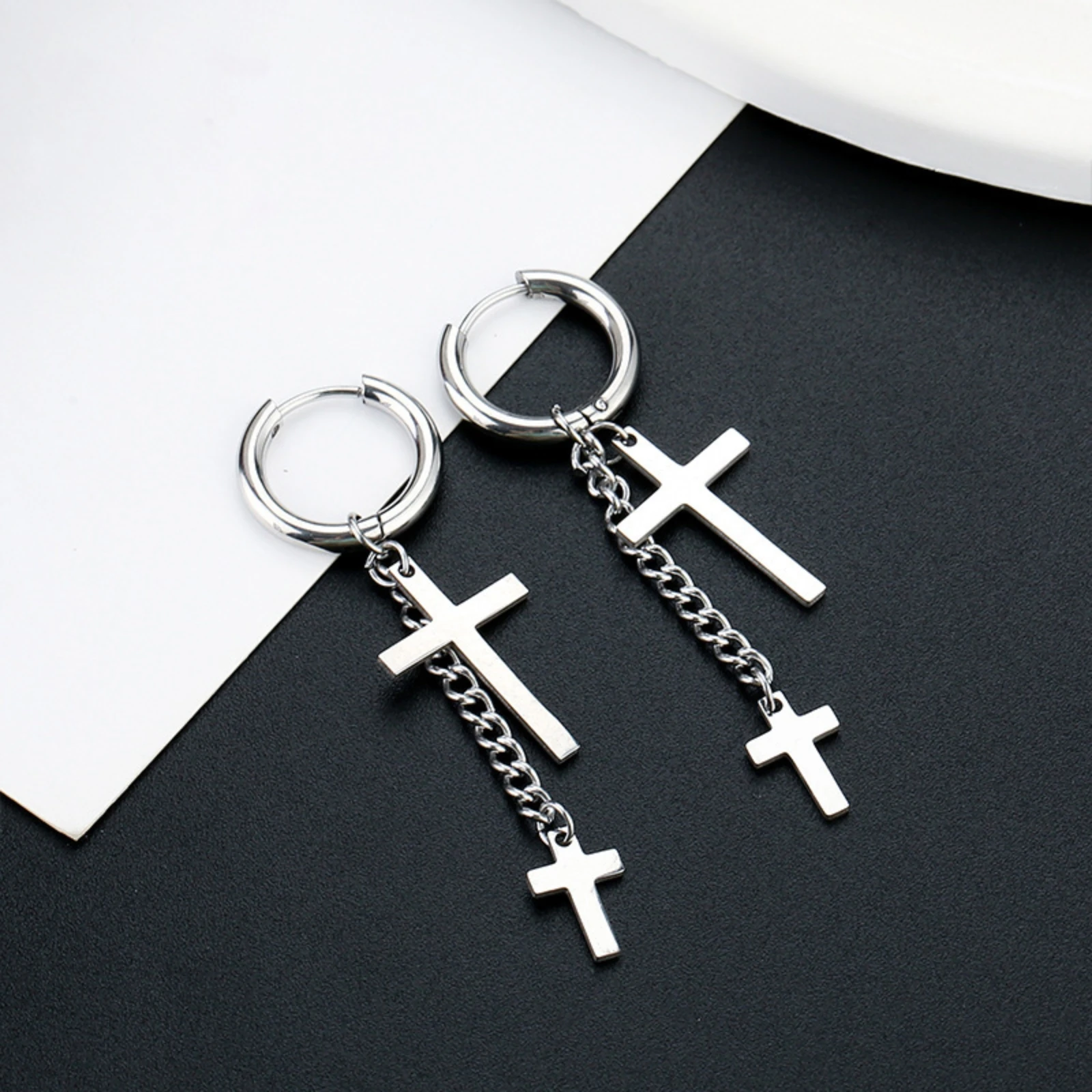 Kreuz Kette Punk Rock Männer Frauen Hip-hop Schwarz Edelstahl Piercing Hoop Street Pop Ohrring Männlichen Trendy Zubehör schmuck