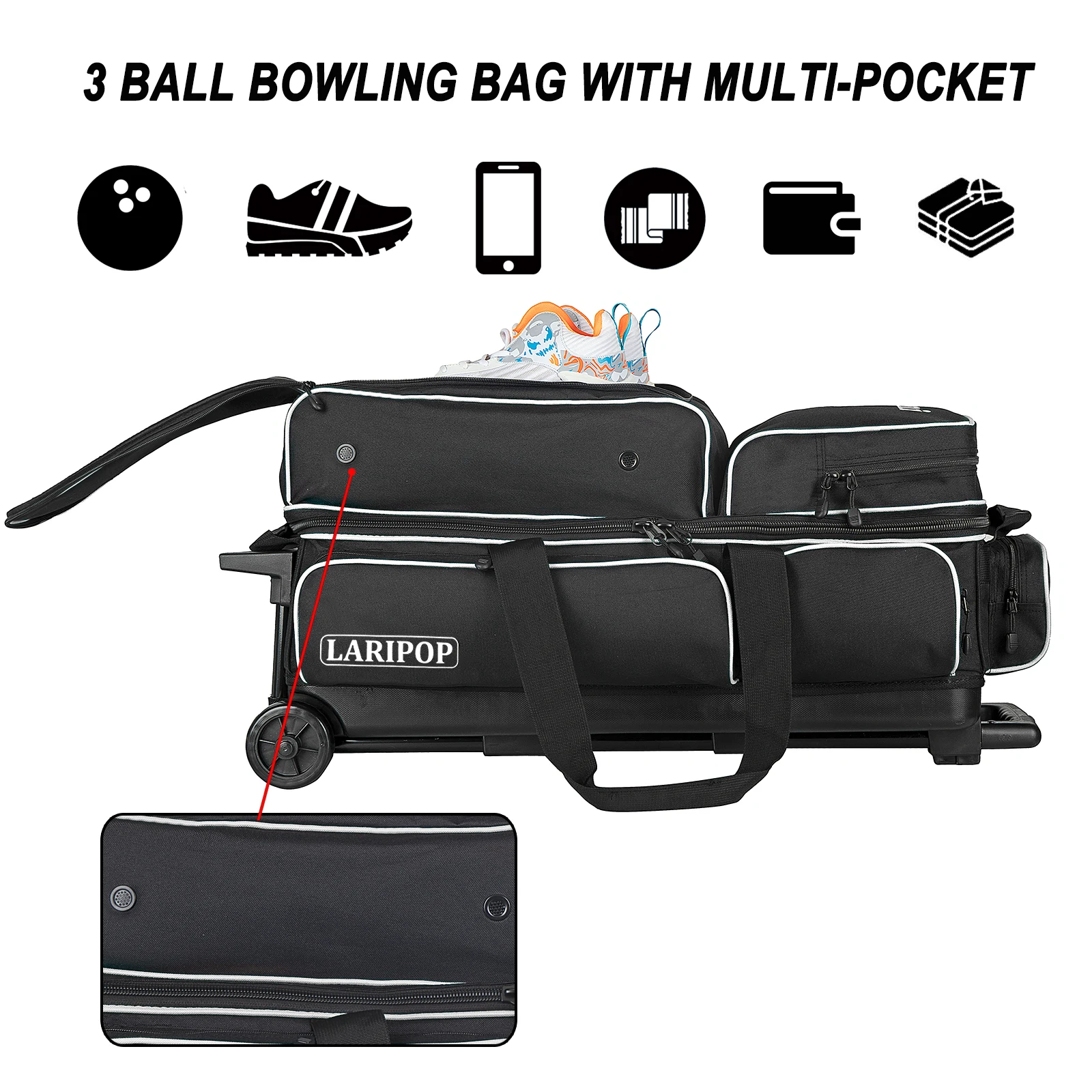 3 Bowling Ball Bag With Wheels - Rolling Bag for Balls & Accessories - Retractable Handle Extends to 38