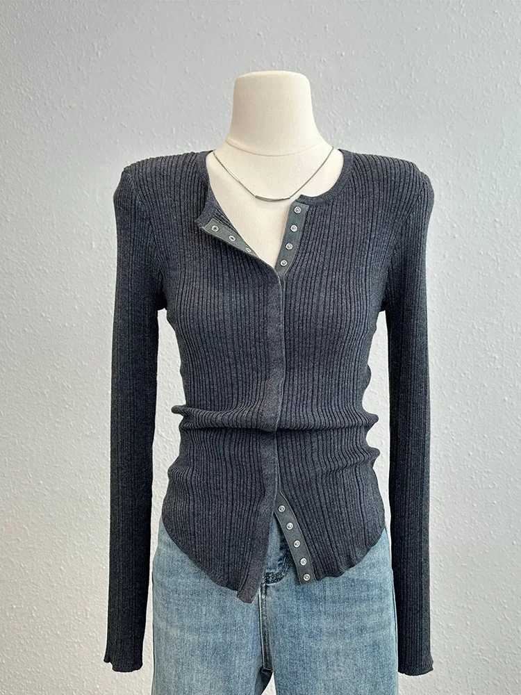 Women Premium Texture Knit Long Sleeve T Shirt Autumn Fashion Slim Fit Versatile Base Top Unique Open Front Knit Blouse Stylish 6