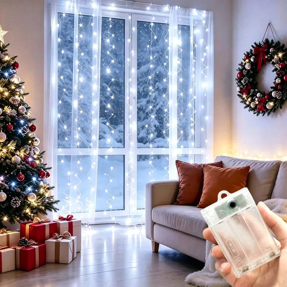 Battery Power LED Curtain Fairy Light String Indoor Outdoor Bedroom Christmas Halloween Valentine's Day Autumn Home Decor Indoor