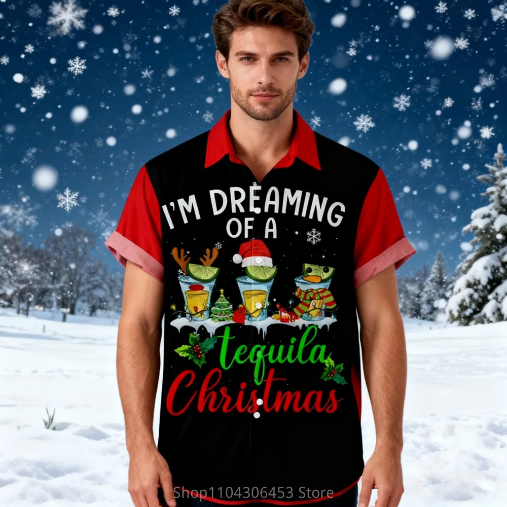 New Men's Christmas Element Short-sleeved Shirt Santa Claus New Year Cartoon 3D Digital Printing Shirt Spring and Autumn Men's