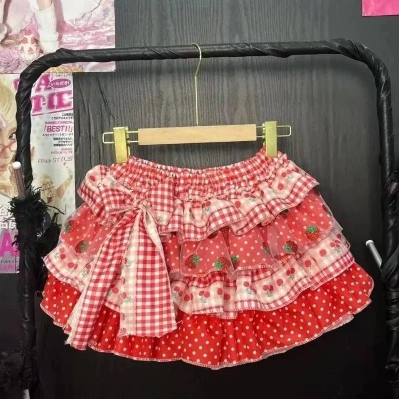 Sweet Kawaii Cake Printed Japanese Skirt For Ladies Lolita Lace Spliced Pleated Mini Skirt Summer Y2k High Waist A-Line Skirt view 6