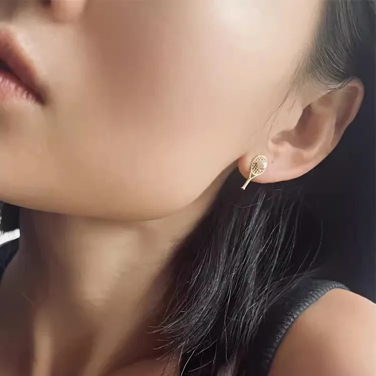 French Luxury Style Gold Color Imitation Pearl Tennis Racket Earrings Women's High End Banquet Jewelry Earrings