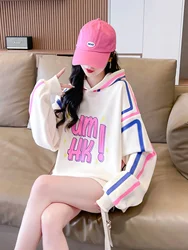 Autumn Green Women Clothing Vintage Street Sweatshirt Y2K Stripe Letter Printing Pullover Long Sleeves Warm Oversize Ladies Tops